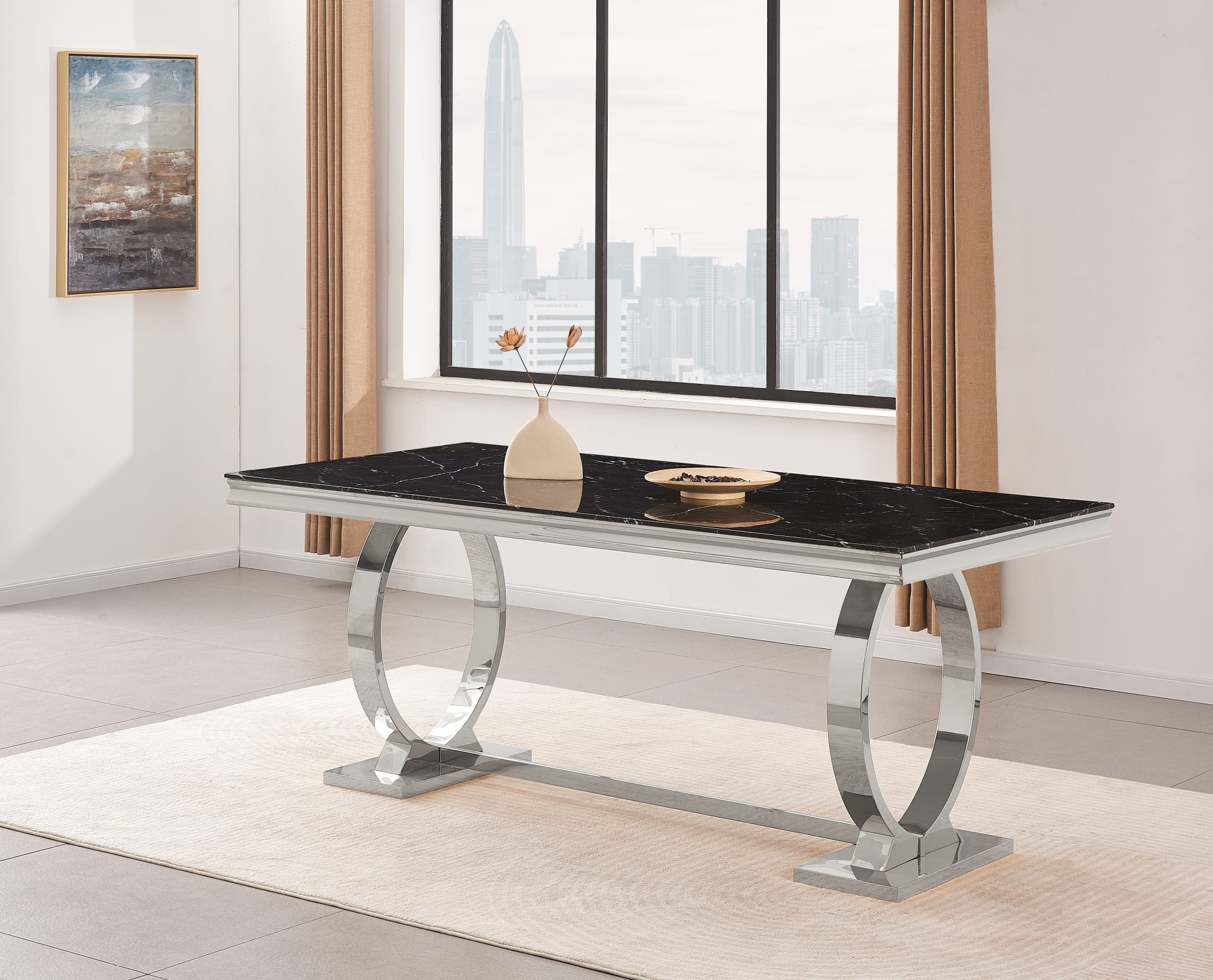 TABLE REPAS OMEGA CHROME MARBRE NOIR 180x90cm