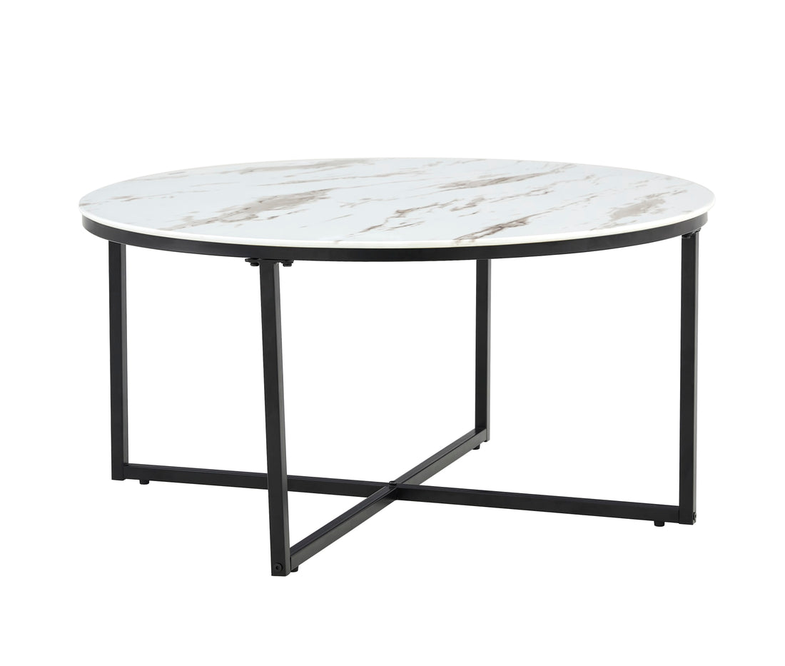 TABLE BASSE LORIE PIED METAL NOIR MARBRE BLANC 90CM