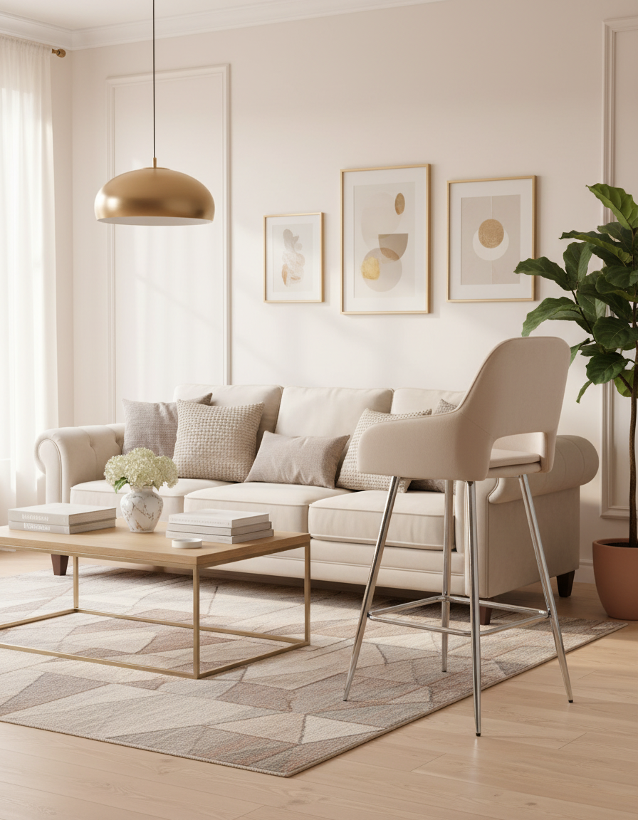 TABOURET DE BAR ATHENA PIED CHROME VELOURS BEIGE