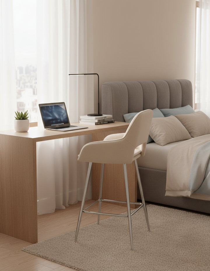 TABOURET DE BAR ATHENA PIED CHROME VELOURS BEIGE