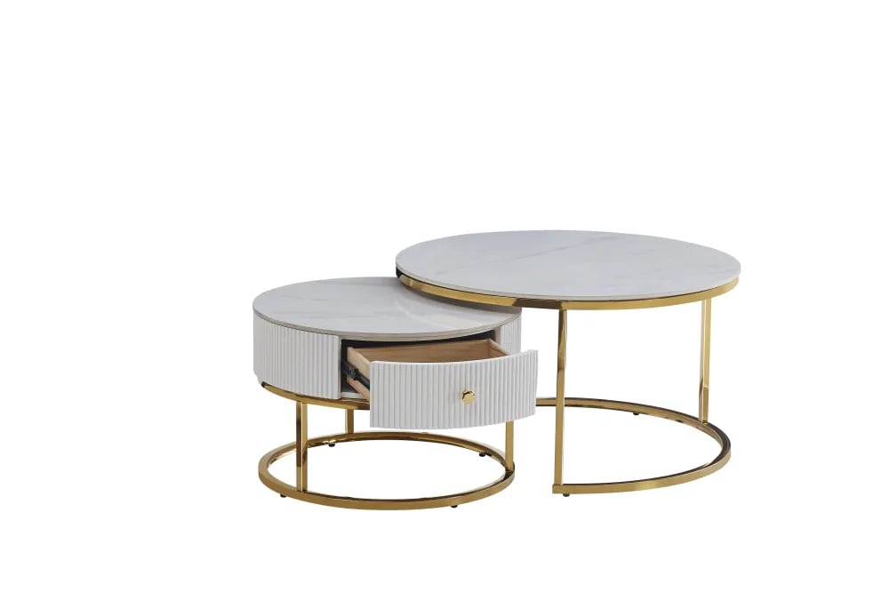 TABLE BASSE GIGOGNE SAMIRA AVEC TIROIR GOLD CERAMIQUE MARBRE BLANC 80+60cm