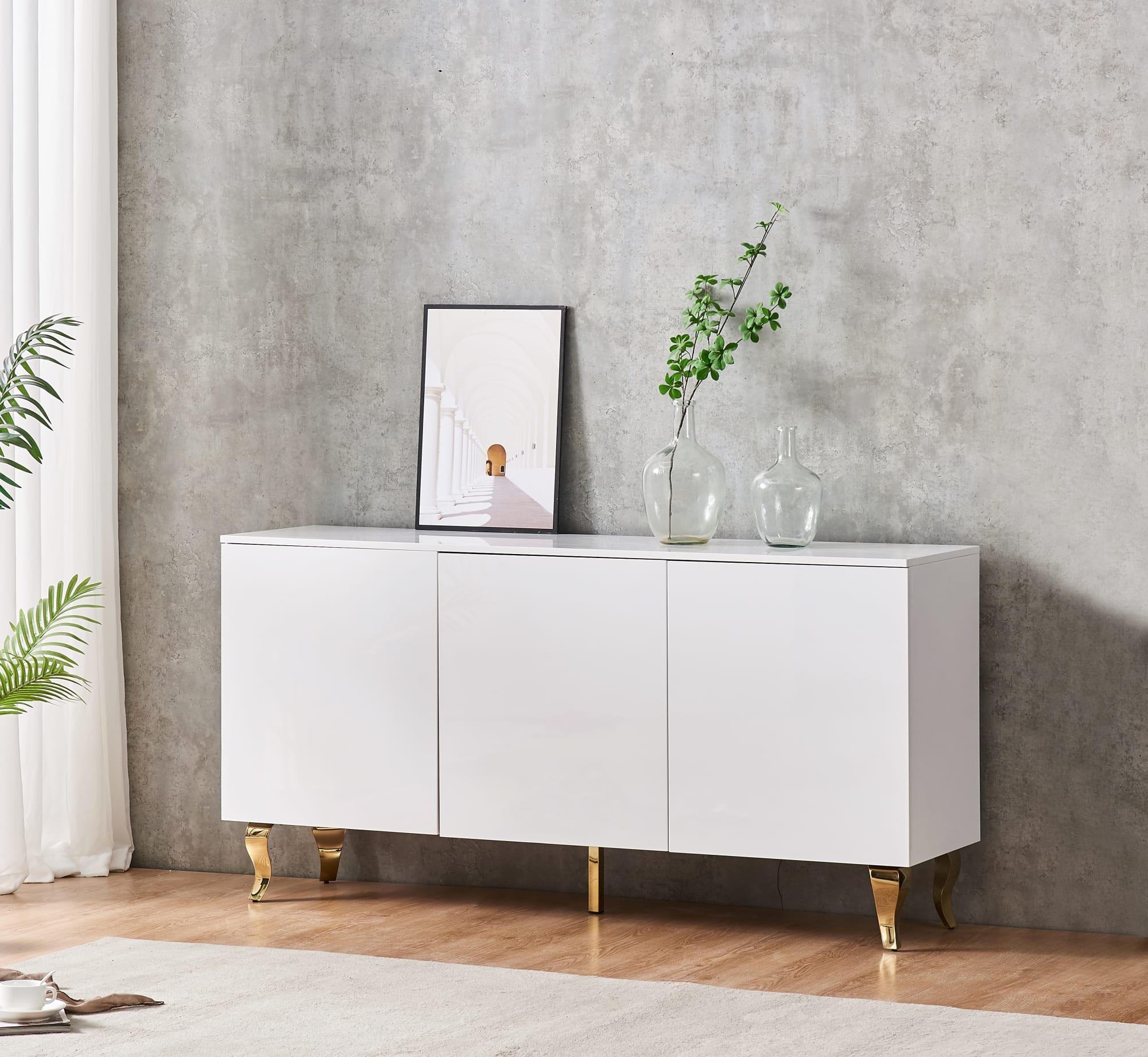 BUFFET BAROQUE LAQUE BLANC 3 PORTES 160X40X80 CM PIEDS GOLD