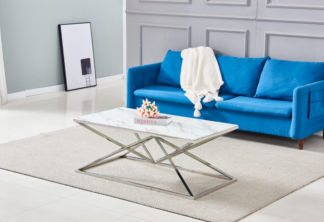 TABLE BASSE PYRAMIDE RECTANGLE CHROME MARBRE BLANC 120x60 cm