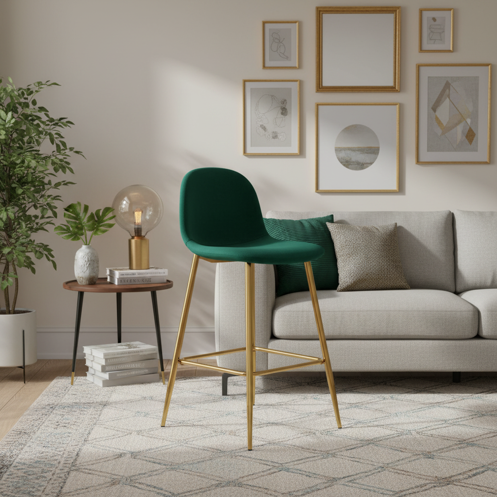 TABOURET DE BAR SCANDINAVE PIED GOLD VELOURS VERT SAPIN