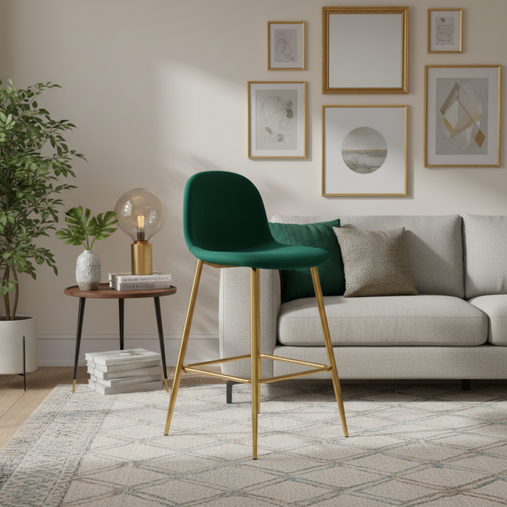 TABOURET DE BAR SCANDINAVE PIED GOLD VELOURS VERT SAPIN