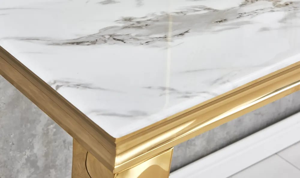 Table à manger BAROQUE 6 à 8 couverts pieds gold plateau en verre 180x90 cm