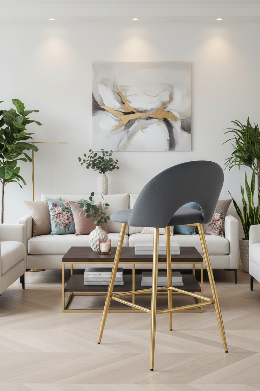 TABOURET DE BAR TEDDY PIED GOLD VELOURS ANTHRACITE