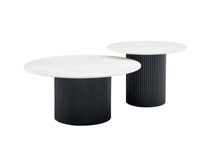TABLE BASSE GIGOGNE MINA PIED NOIR PLATEAU CERAMIQUE BOIS BLANC 60x45cm + 80x38cm