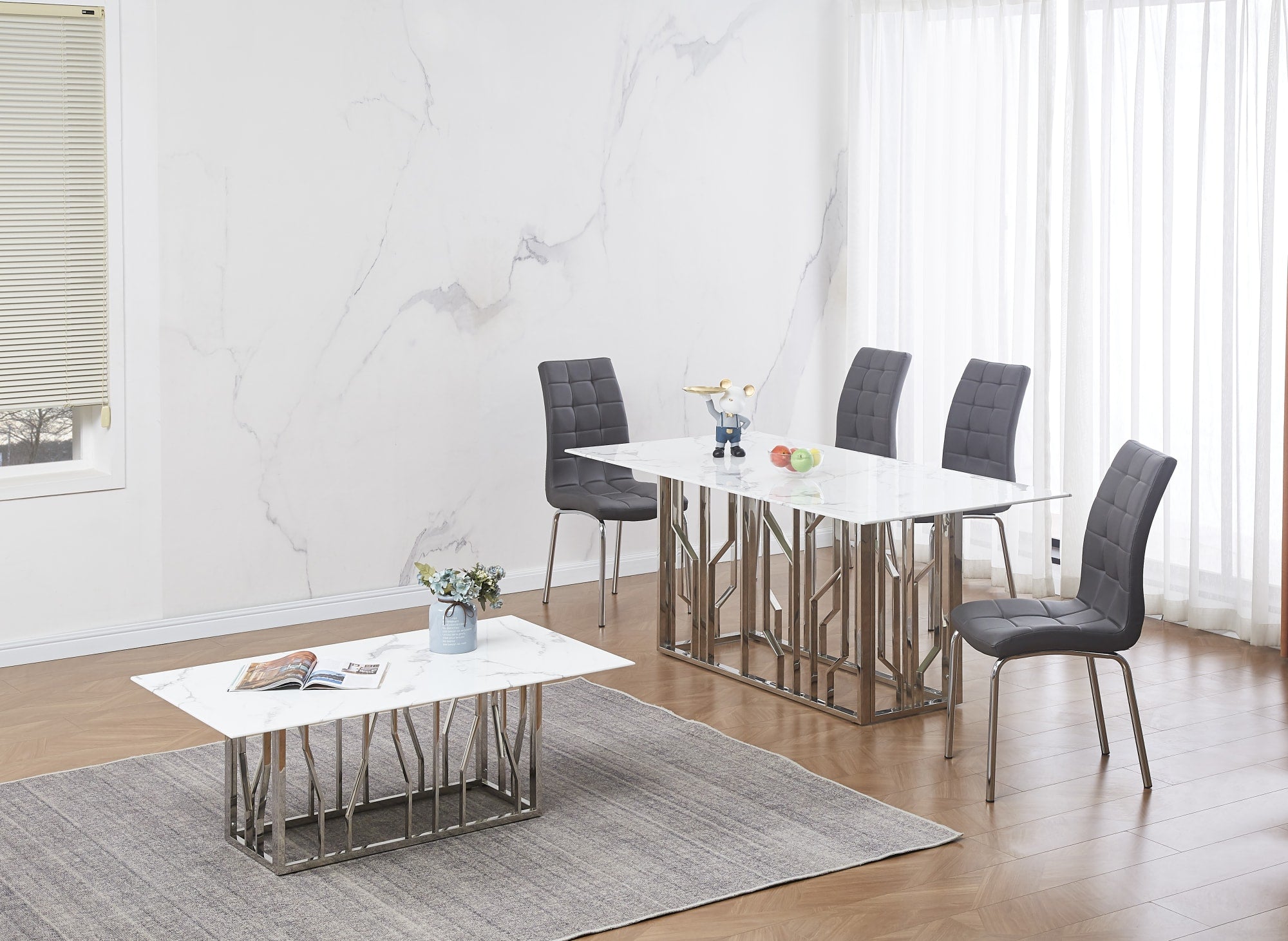 TABLE REPAS PORTOFINO CHROME MARBRE BLANC 180 x 90 CM