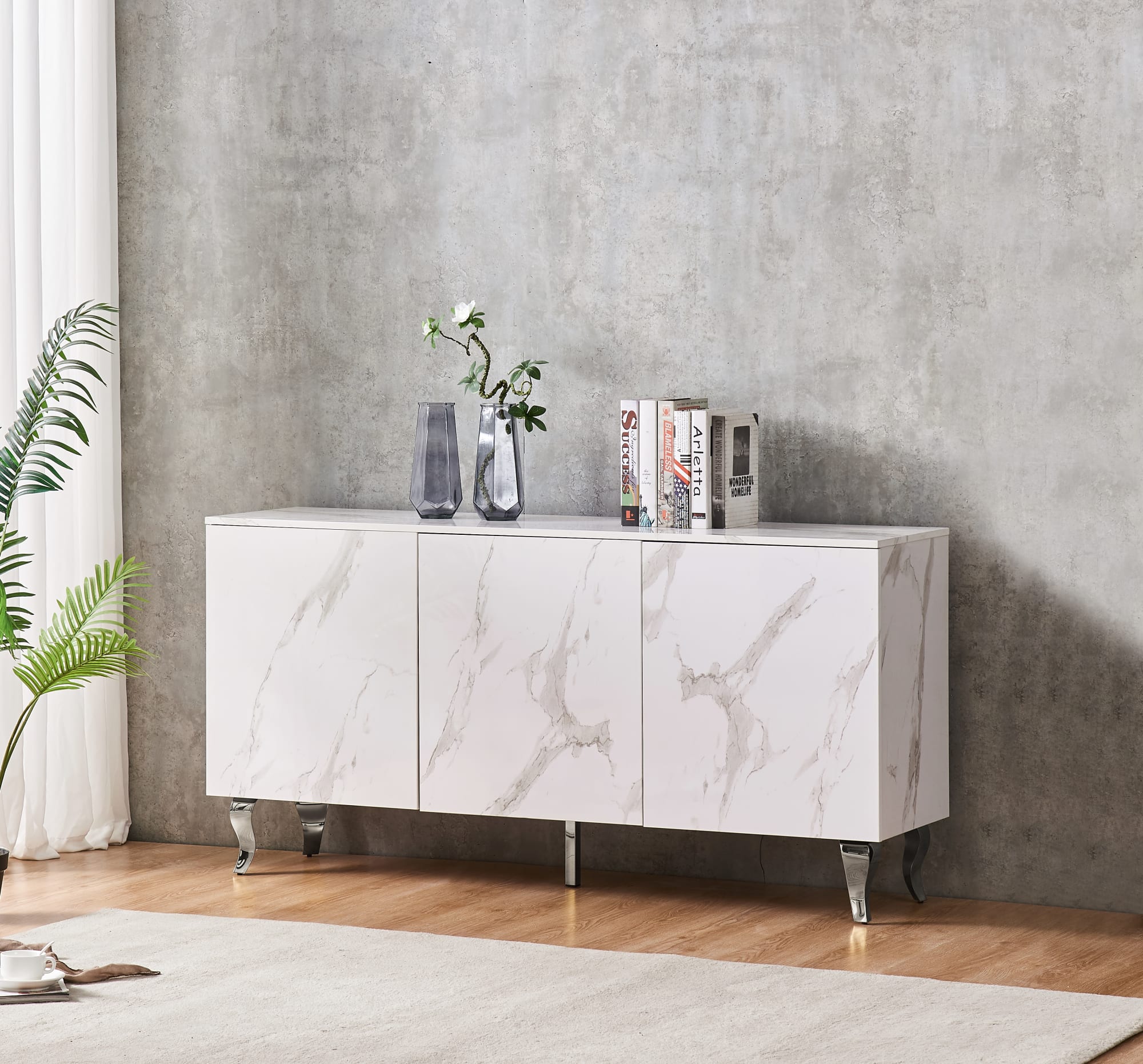 BUFFET BAROQUE LAQUE MARBRE BLANC 3 PORTES 160X40X80 CM PIEDS C