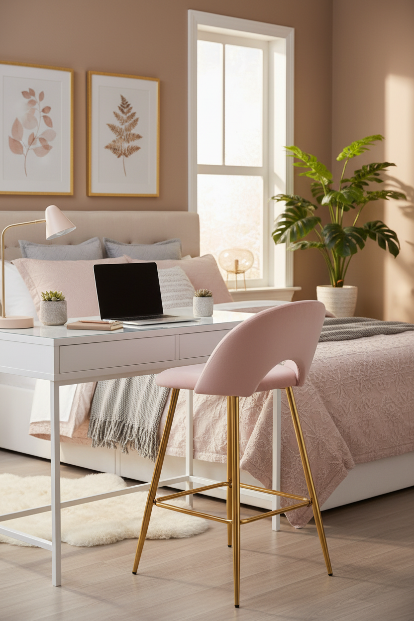 TABOURET DE BAR TEDDY PIED GOLD VELOURS ROSE