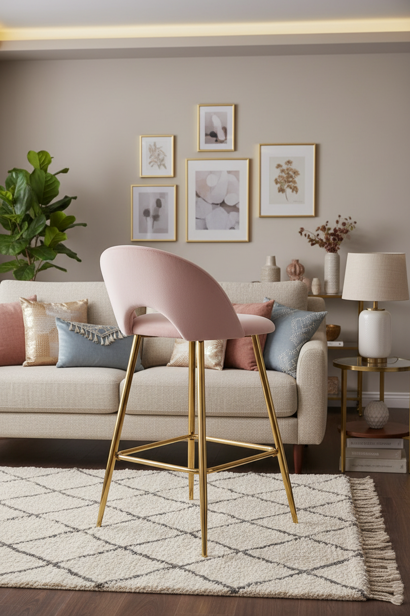 TABOURET DE BAR TEDDY PIED GOLD VELOURS ROSE