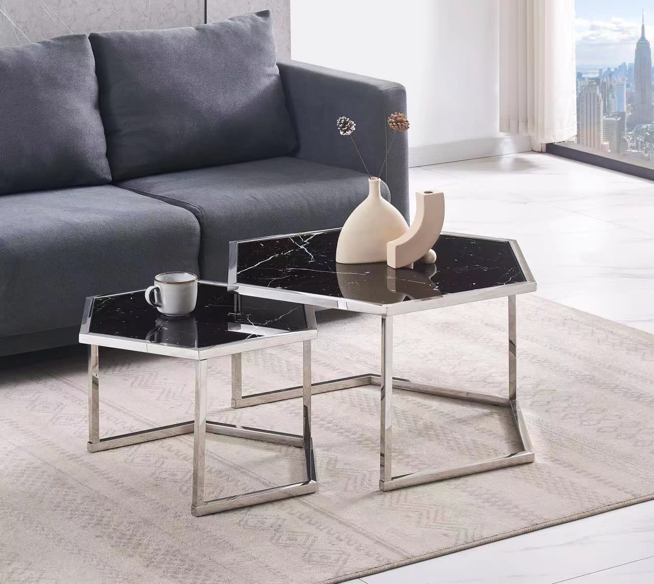 TABLE BASSE GIGOGNE HEXAGONA CHROME MARBRE NOIR 79x40.50 + 59x3