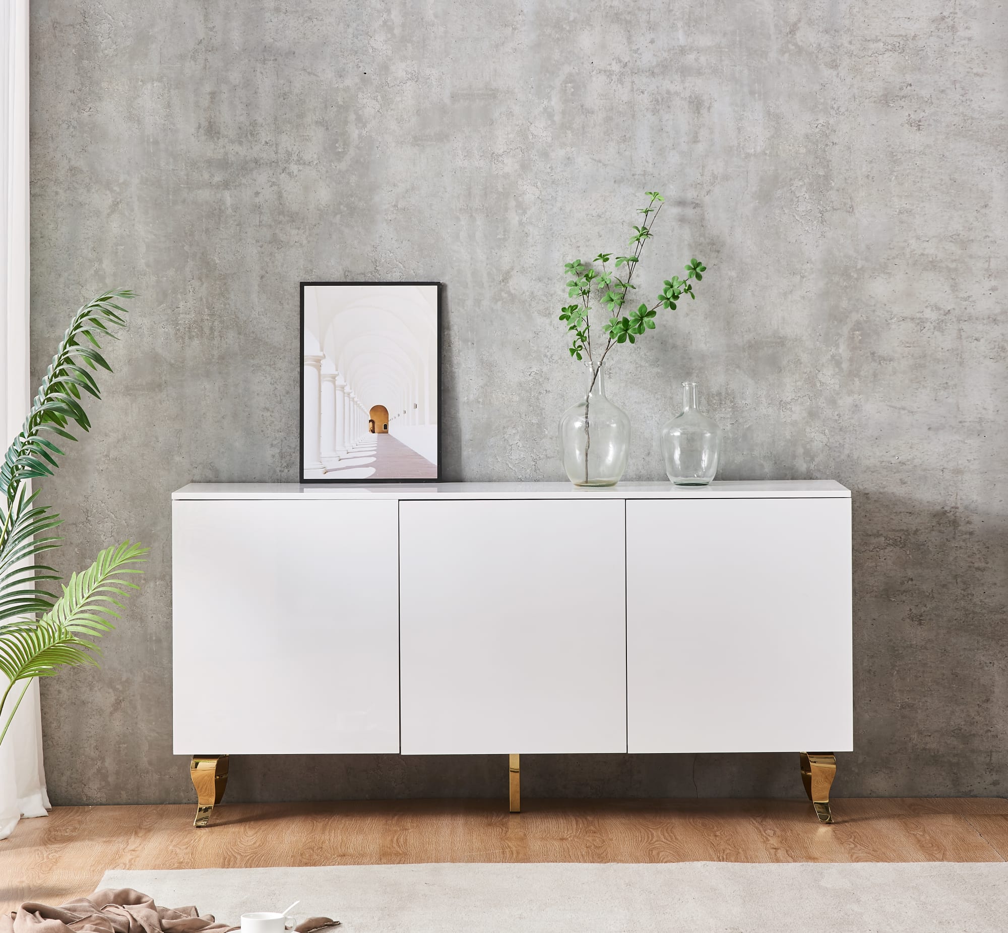 BUFFET BAROQUE LAQUE BLANC 3 PORTES 160X40X80 CM PIEDS GOLD