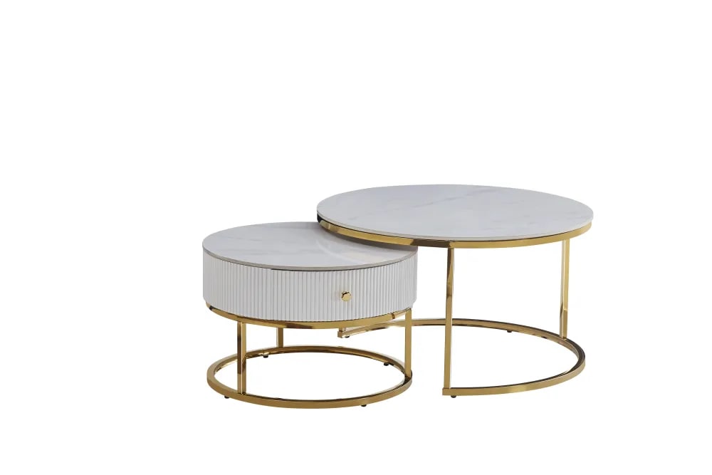 TABLE BASSE GIGOGNE SAMIRA AVEC TIROIR GOLD CERAMIQUE MARBRE BLANC 80+60cm