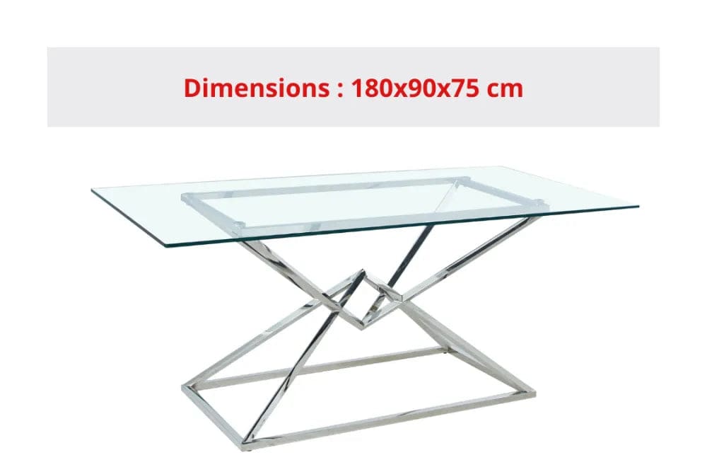 Table à manger PYRAMIDE plateau en verre et structure en Chrome pour 4 à 8 personnes