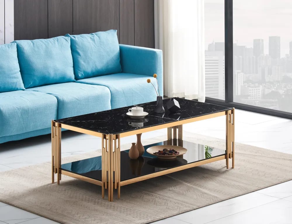 Table Basse FLUTE Gold et plateau en verre 120x60x45 cm