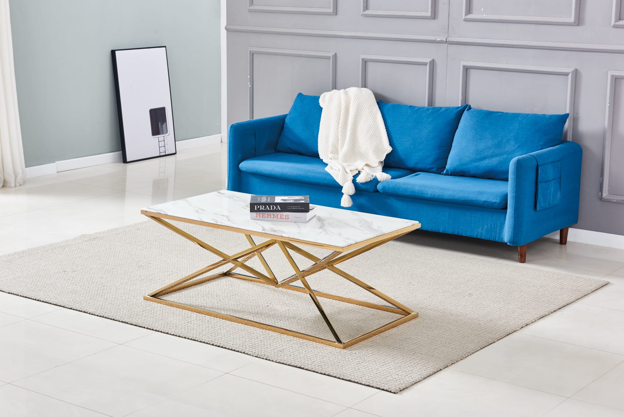 TABLE BASSE PYRAMIDE RECTANGLE GOLD MARBRE BLANC 120x60 cm