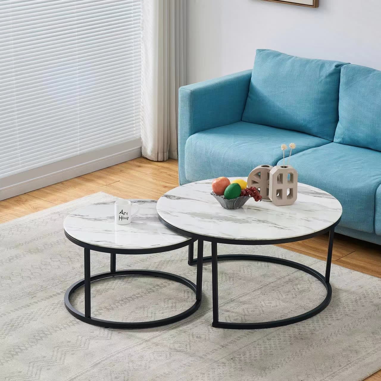 TABLE BASSE GIGOGNE METAL NOIR PLATEAU VERRE MARBRE BLANC