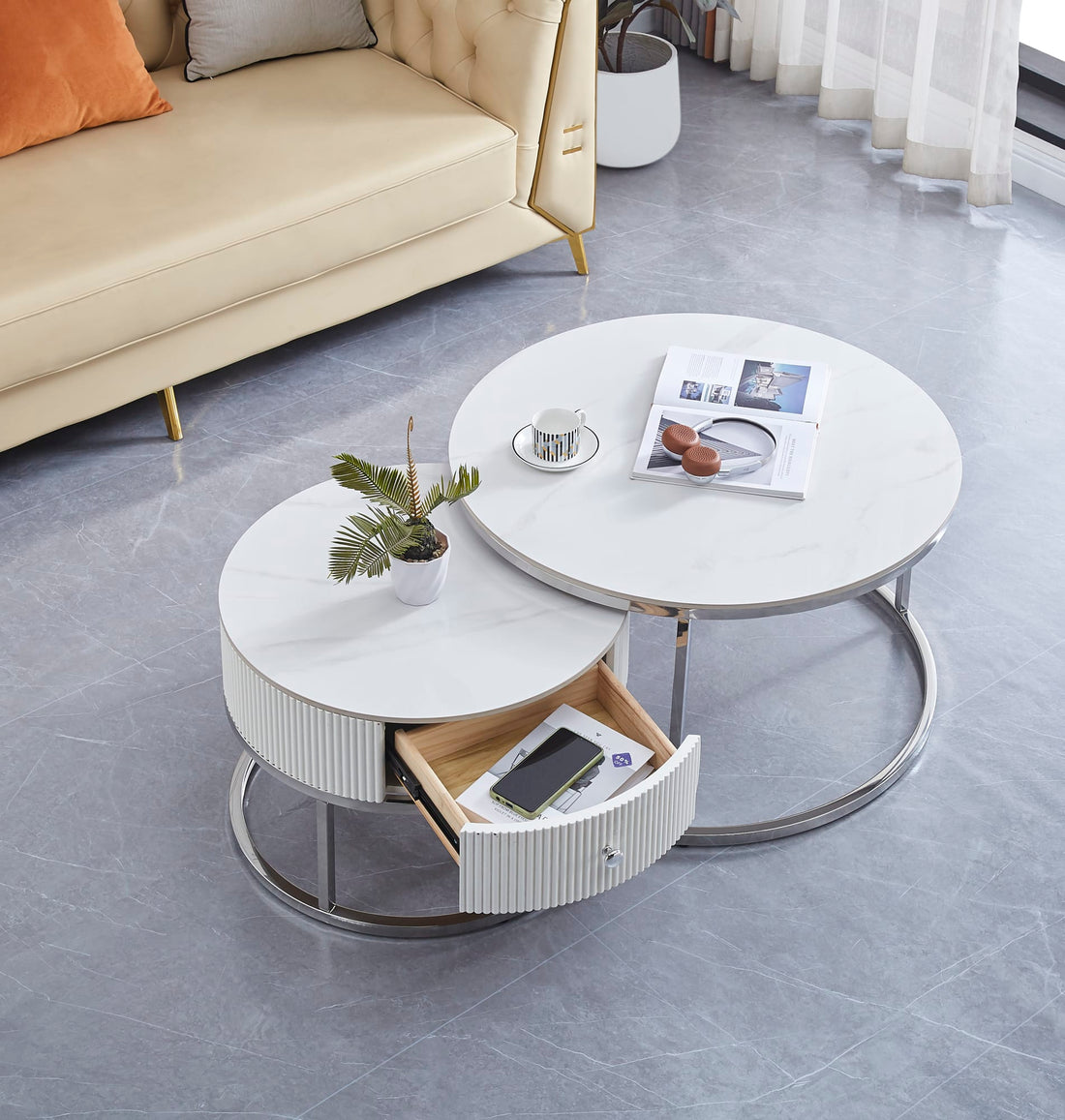 TABLE BASSE GIGOGNE SAMIRA AVEC TIROIR CHROME CERAMIQUE MARBRE BLANC 80+60cm