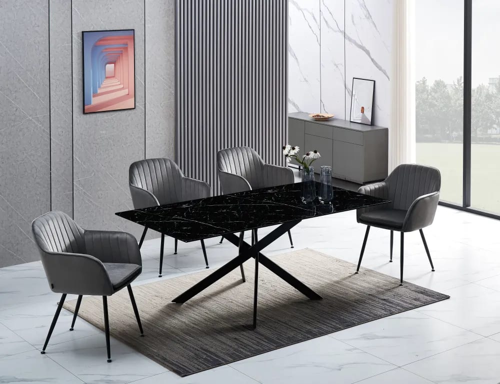 Table Repas JESSICA Métal noir et plateau en verre 150 cm 4 à 6 couverts