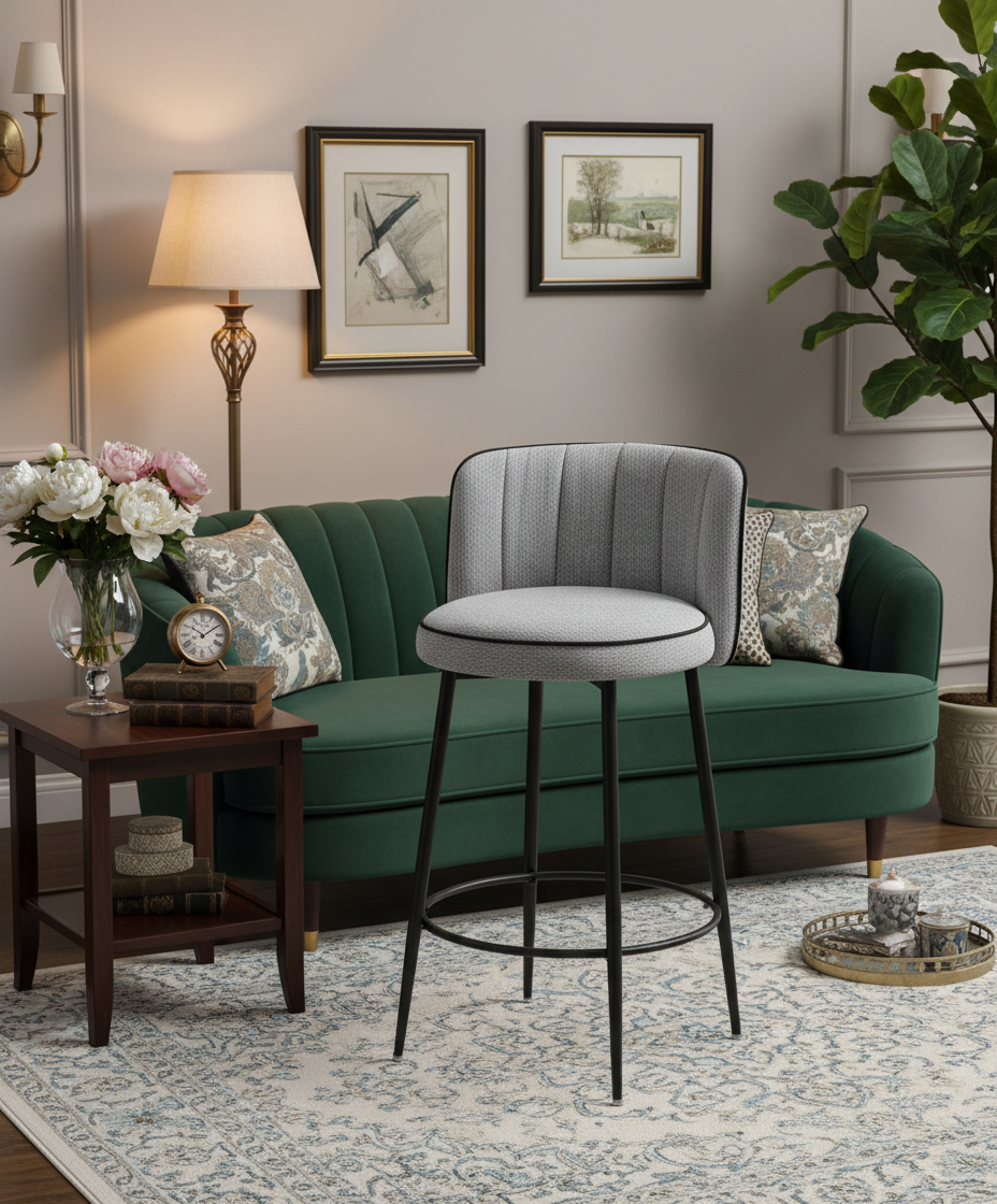 TABOURET DE BAR CATHY PIED METAL NOIR GRIS 3D