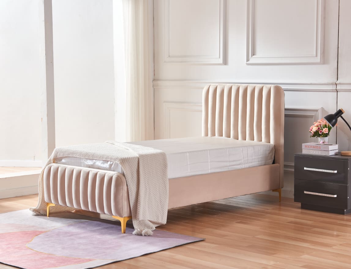 LIT FAYE CAPITONNE EN LIGNE VELOURS BEIGE 90x190 cm