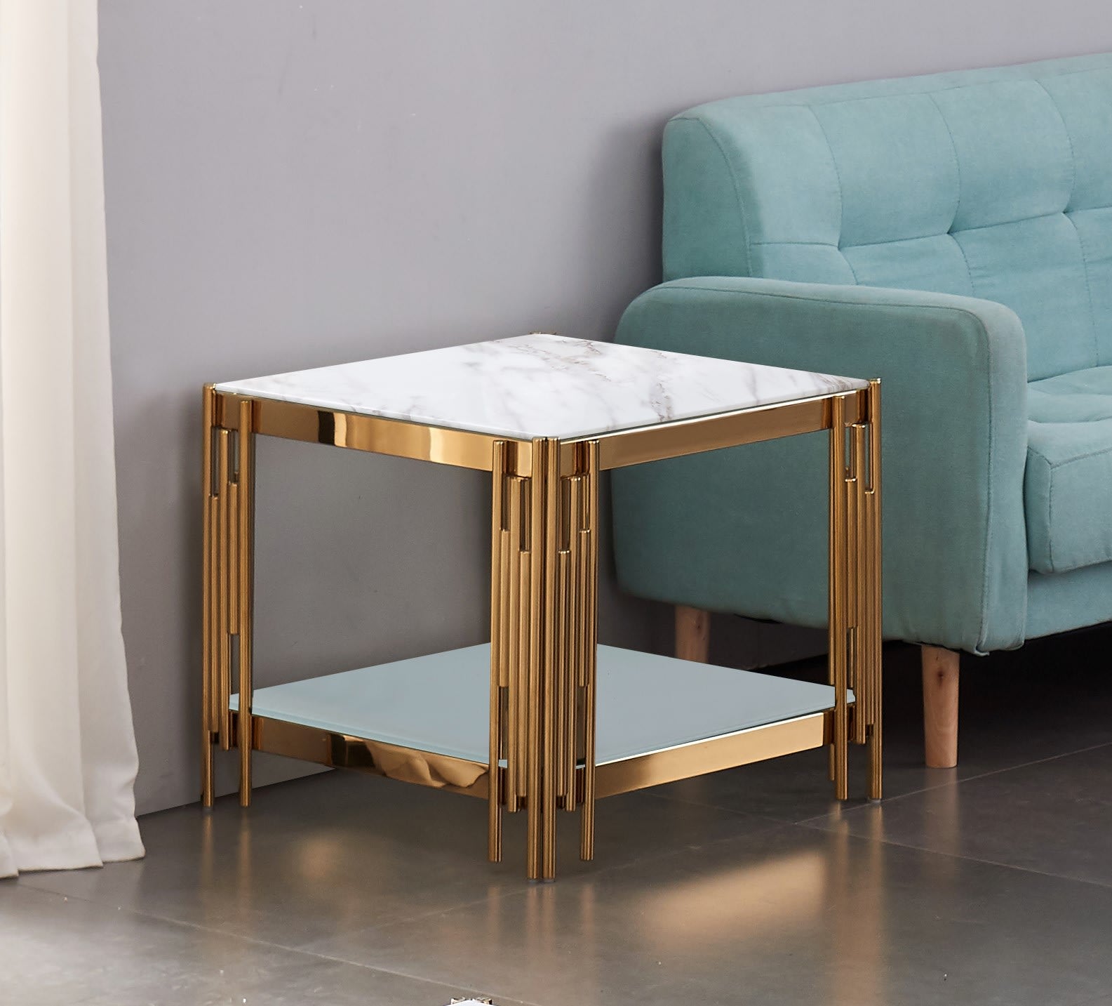 GUERIDON FLUTE GOLD PLATEAU VERRE EFFET MARBRE ET VERRE BLANC 5