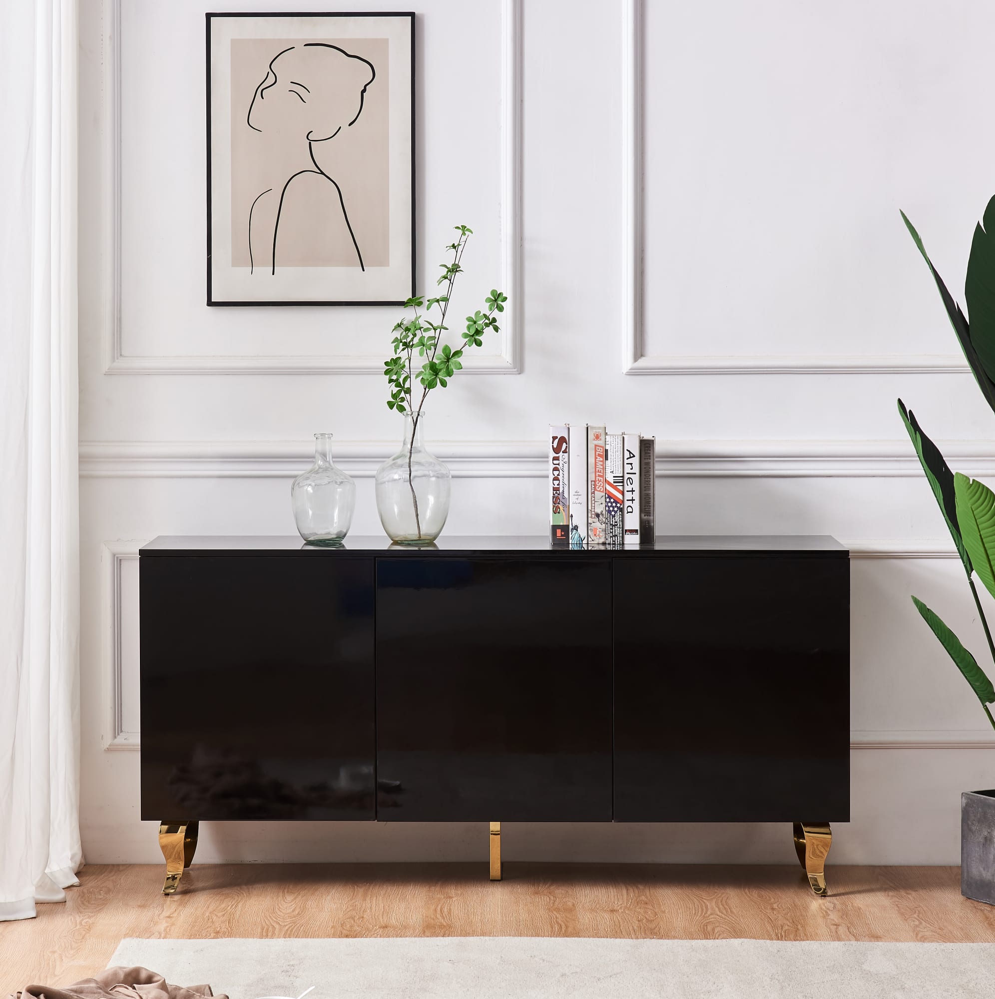 BUFFET BAROQUE LAQUE NOIR 3 PORTES 160X40X80 CM PIEDS GOLD