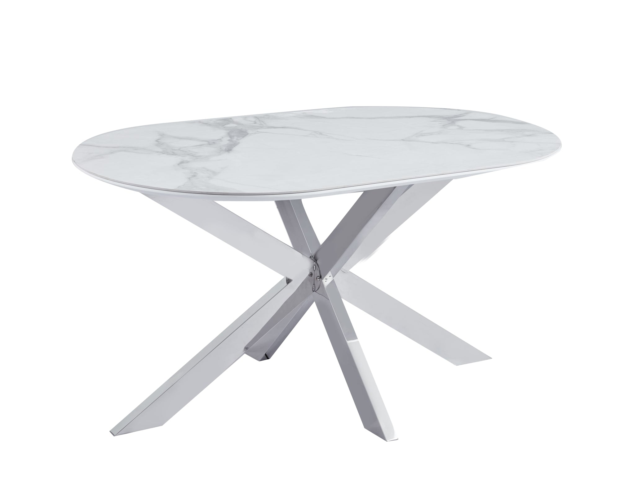 TABLE REPAS MANON PIED CHROME PLATEAU CERAMIQUE MARBRE BLANC 150x90cm