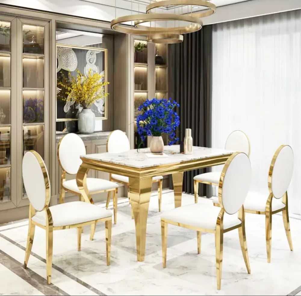 Table à manger BAROQUE 4 à 6 couverts pieds gold plateau en verre 150x90 cm