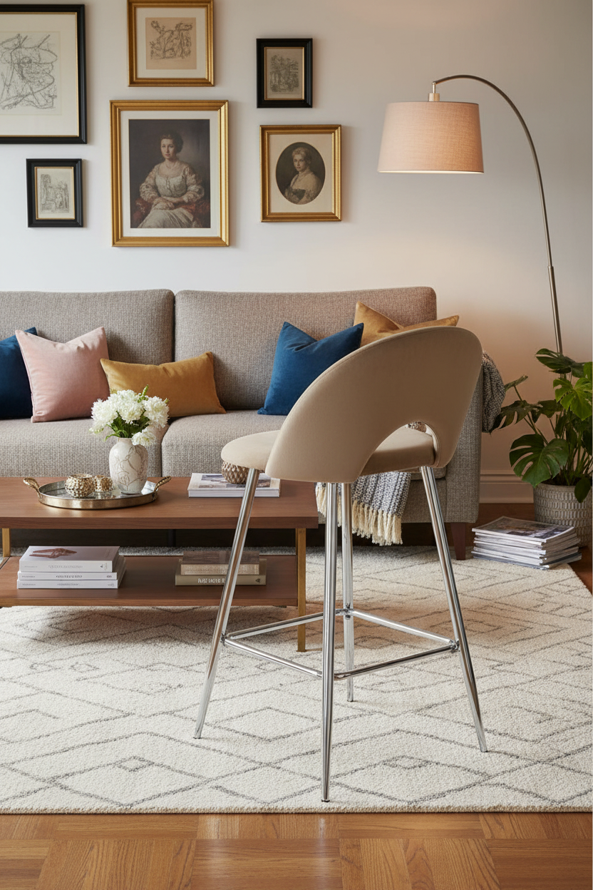 TABOURET DE BAR TEDDY PIED CHROME VELOURS TAUPE