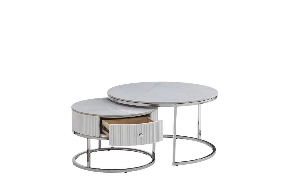 TABLE BASSE GIGOGNE SAMIRA AVEC TIROIR CHROME CERAMIQUE MARBRE BLANC 80+60cm
