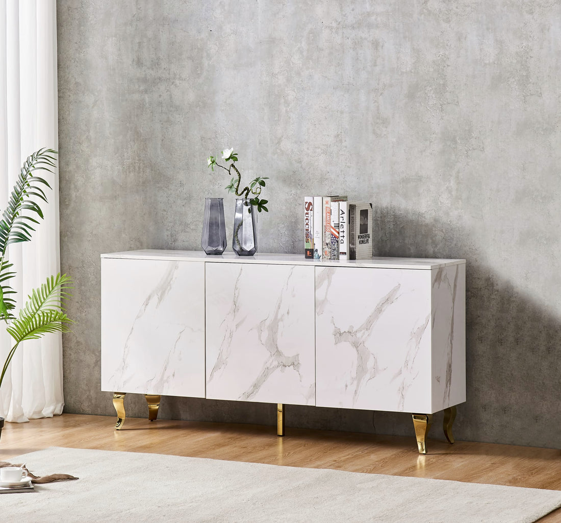 BUFFET BAROQUE LAQUE MARBRE BLANC 3 PORTES 160X40X80 CM PIEDS G