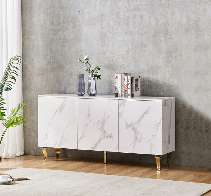 BUFFET BAROQUE LAQUE MARBRE BLANC 3 PORTES 160X40X80 CM PIEDS G
