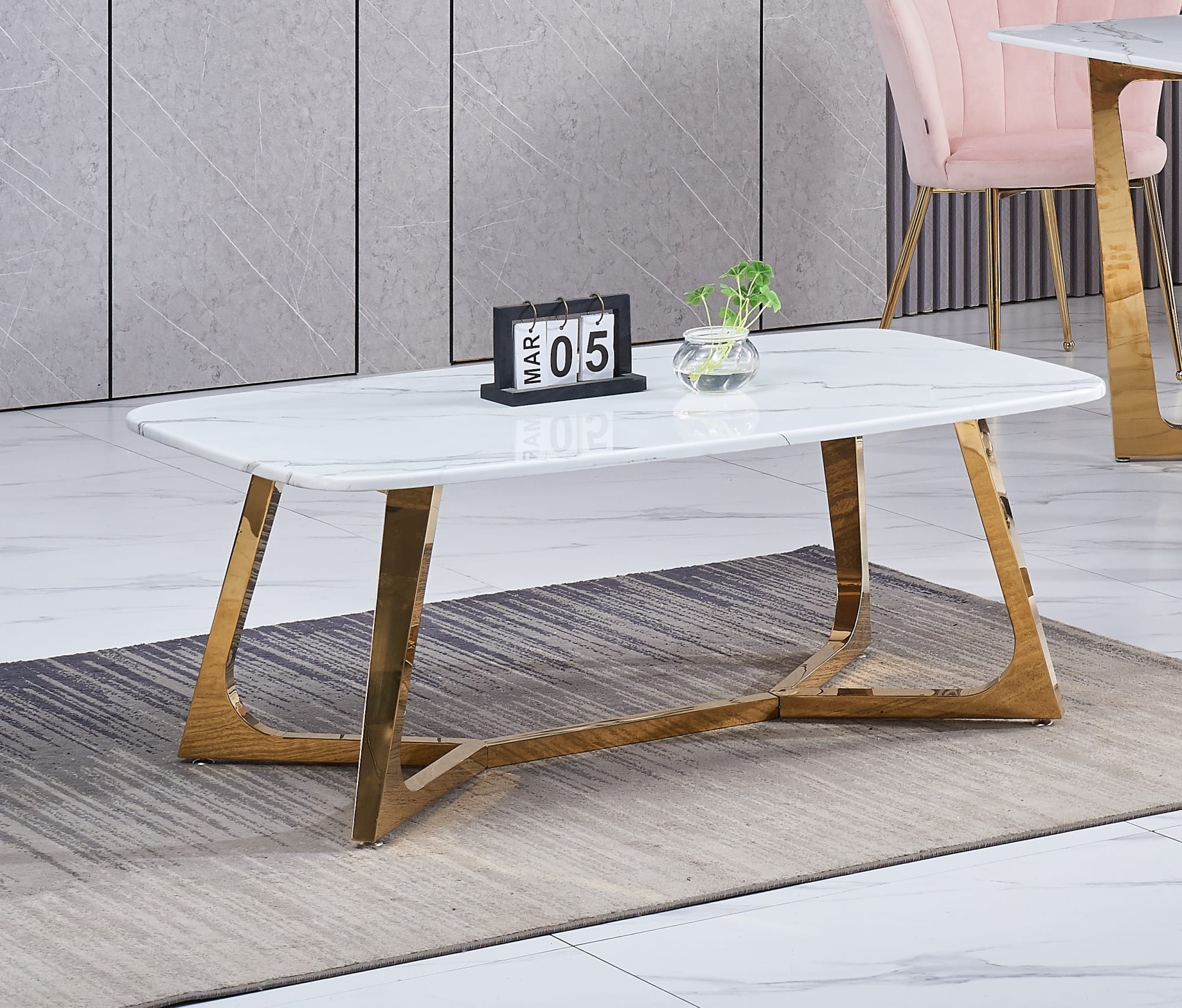 TABLE BASSE GOSSIP GOLD MARBRE BLANC 120x70 cm