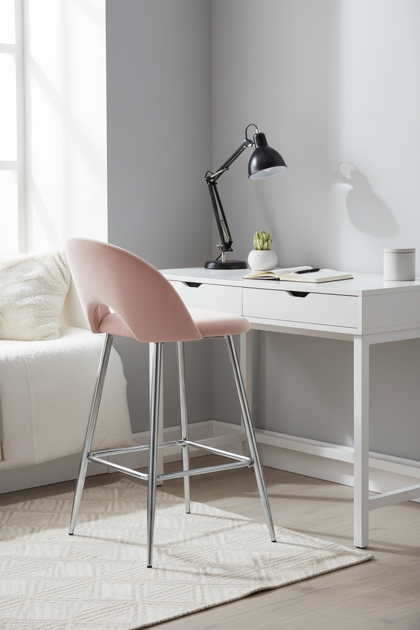 TABOURET DE BAR TEDDY PIED CHROME VELOURS ROSE