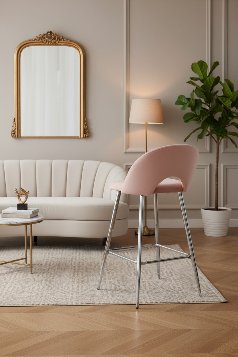 TABOURET DE BAR TEDDY PIED CHROME VELOURS ROSE