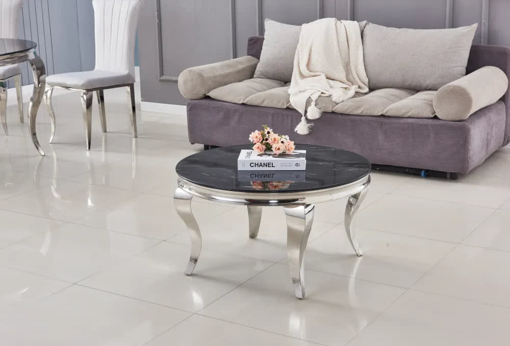 Table basse ronde baroque chrome et plateau en verre de 80 cm