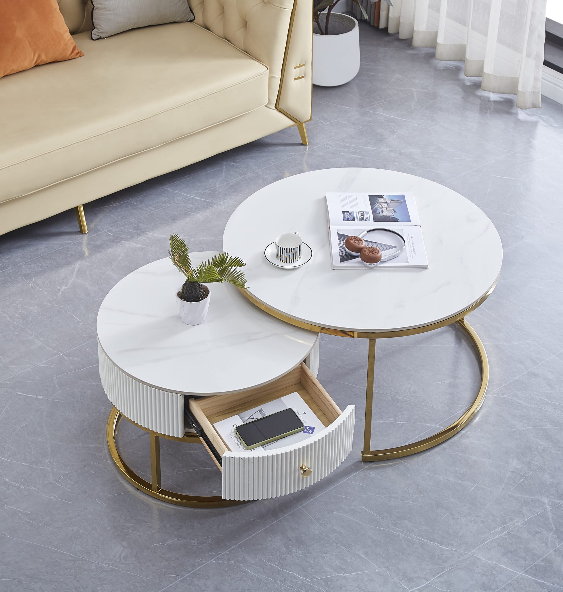 TABLE BASSE GIGOGNE SAMIRA AVEC TIROIR GOLD CERAMIQUE MARBRE BLANC 80+60cm