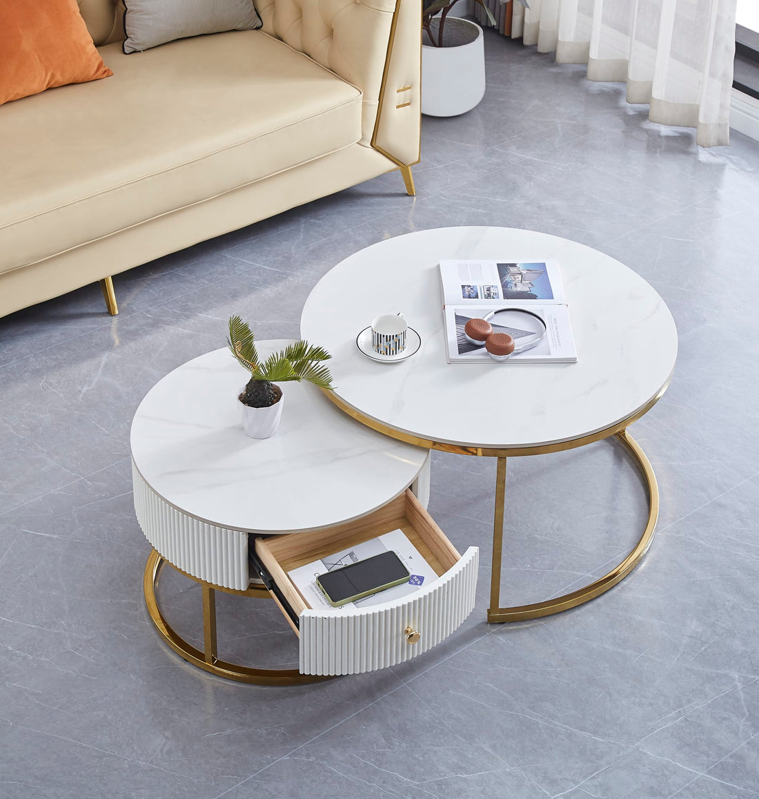 TABLE BASSE GIGOGNE SAMIRA AVEC TIROIR GOLD CERAMIQUE MARBRE BLANC 80+60cm