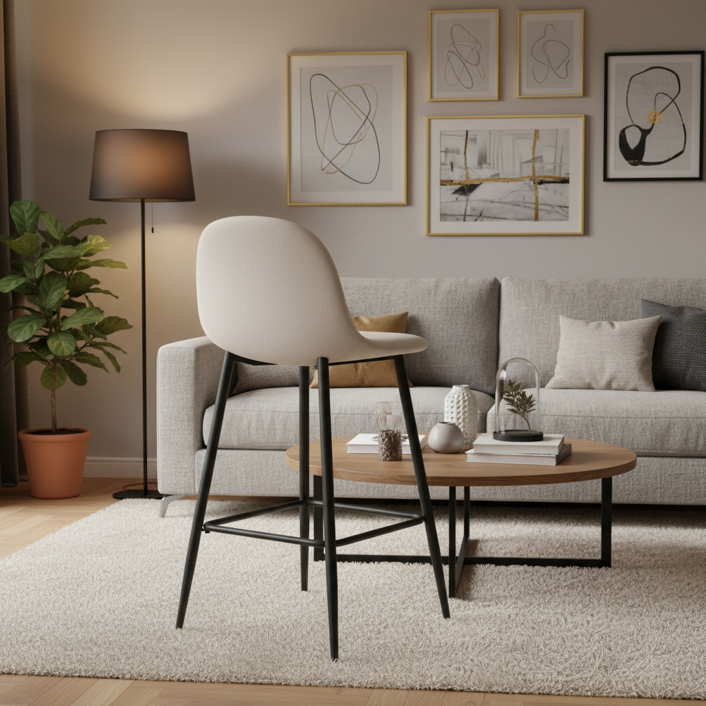 TABOURET DE BAR SCANDINAVE PIED METAL NOIR VELOURS BEIGE