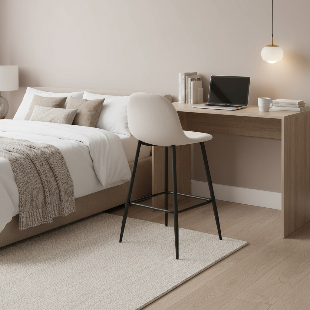 TABOURET DE BAR SCANDINAVE PIED METAL NOIR VELOURS BEIGE