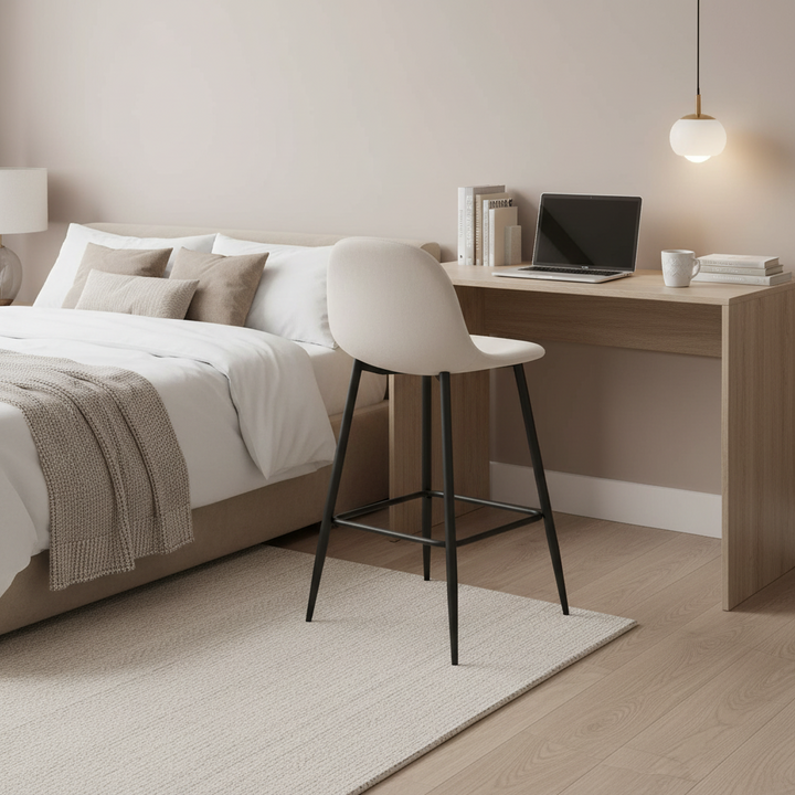 TABOURET DE BAR SCANDINAVE PIED METAL NOIR VELOURS BEIGE