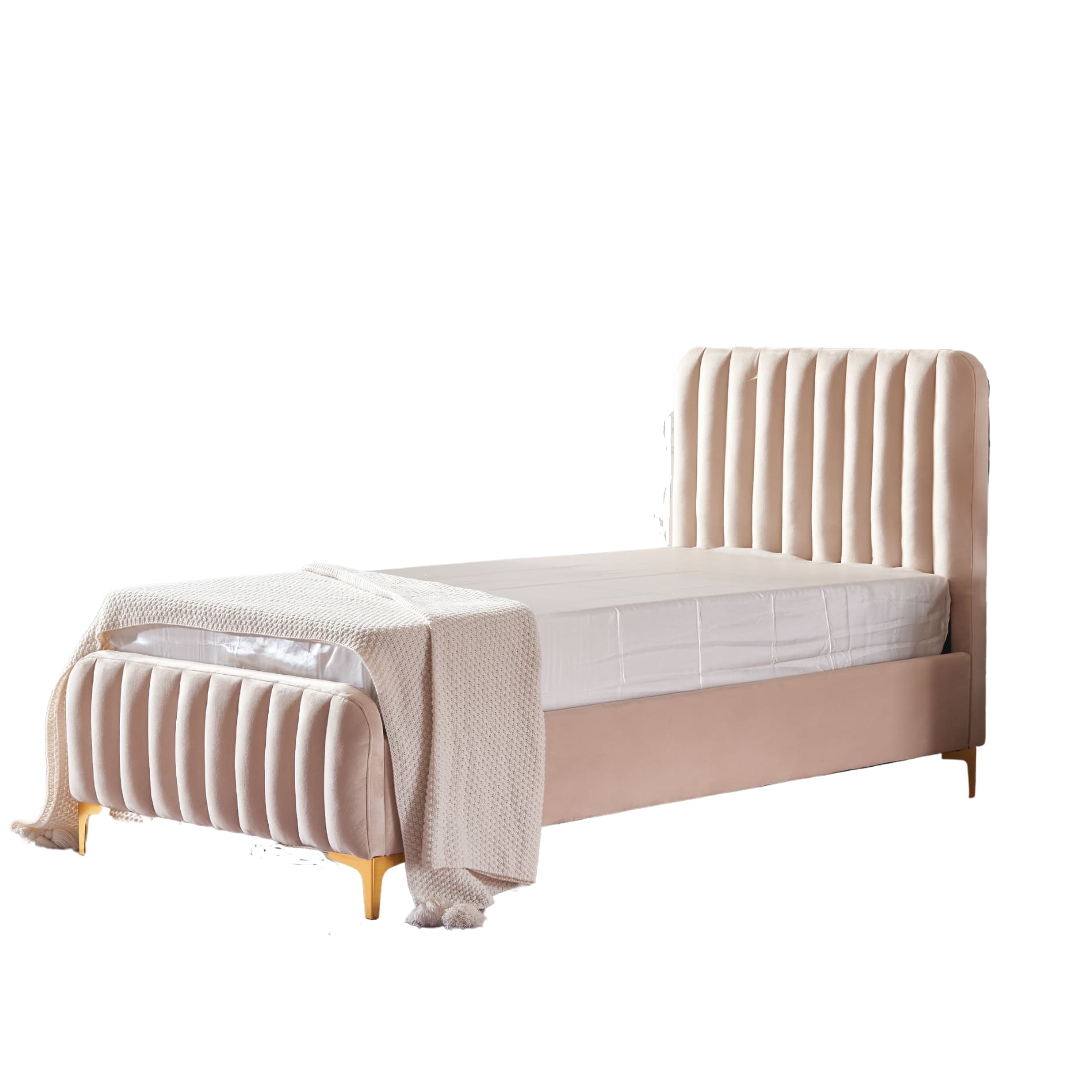 LIT FAYE CAPITONNE EN LIGNE VELOURS BEIGE 90x190 cm