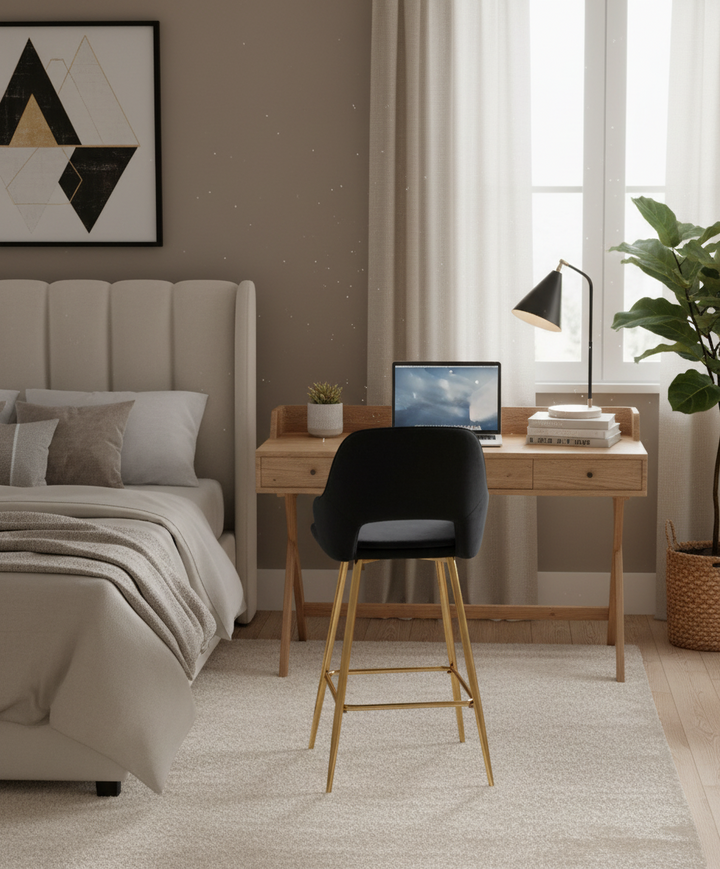 TABOURET DE BAR ATHENA PIED GOLD VELOURS NOIR