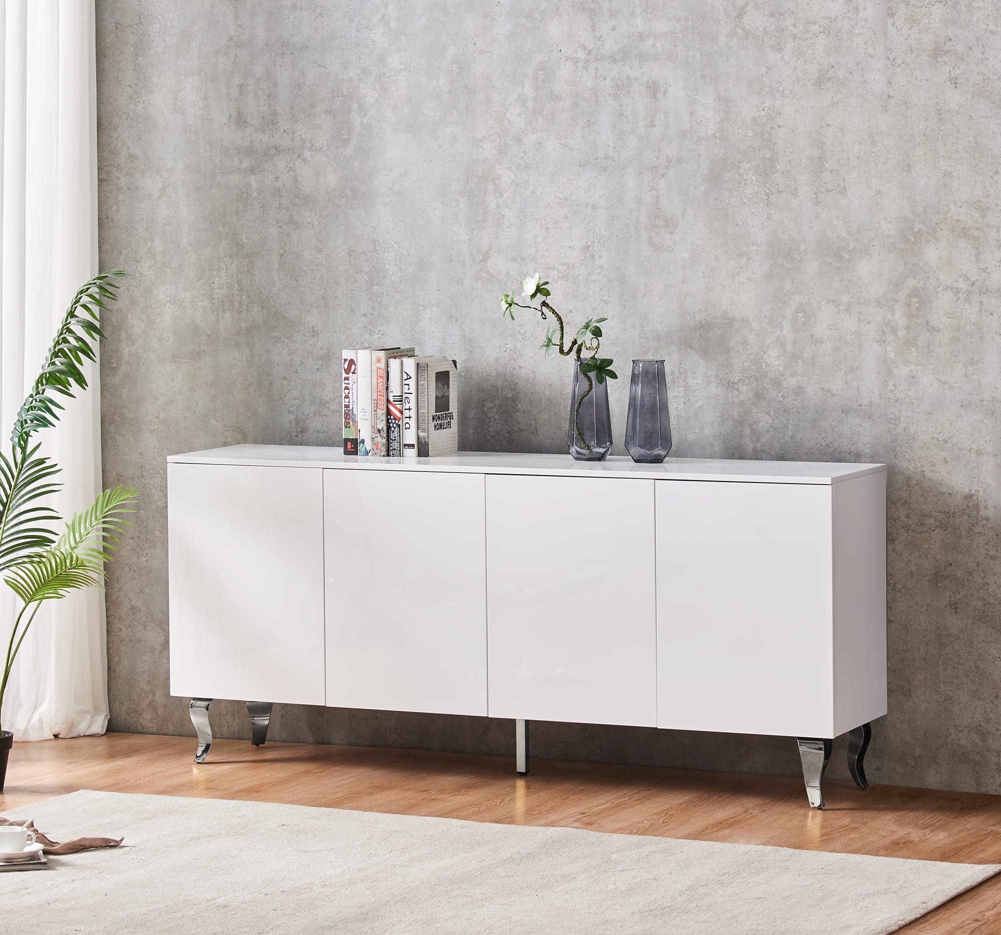 BUFFET BAROQUE LAQUE BLANC 4 PORTES 180X40X80 CM PIEDS CHROME