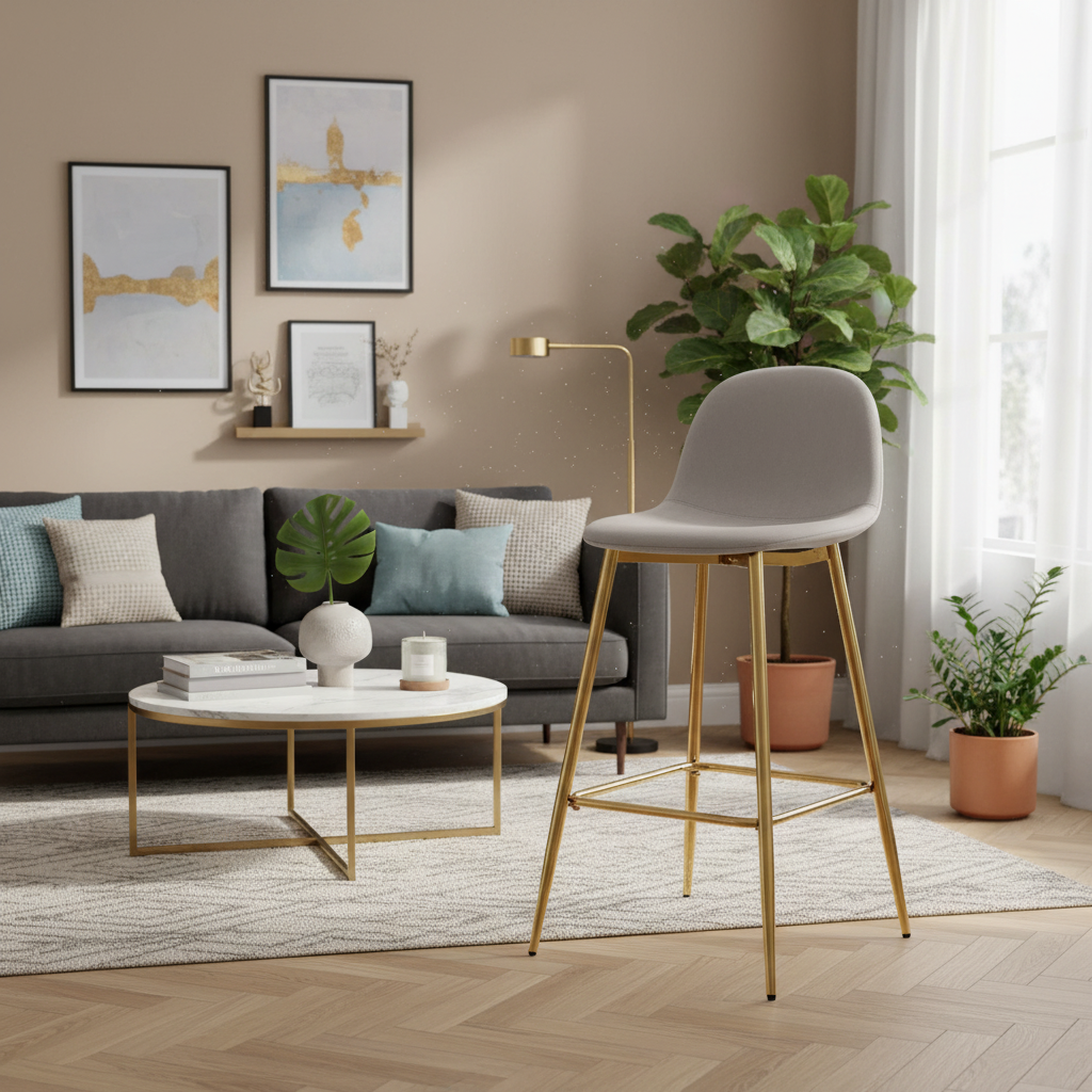 TABOURET DE BAR SCANDINAVE PIED GOLD VELOURS TAUPE