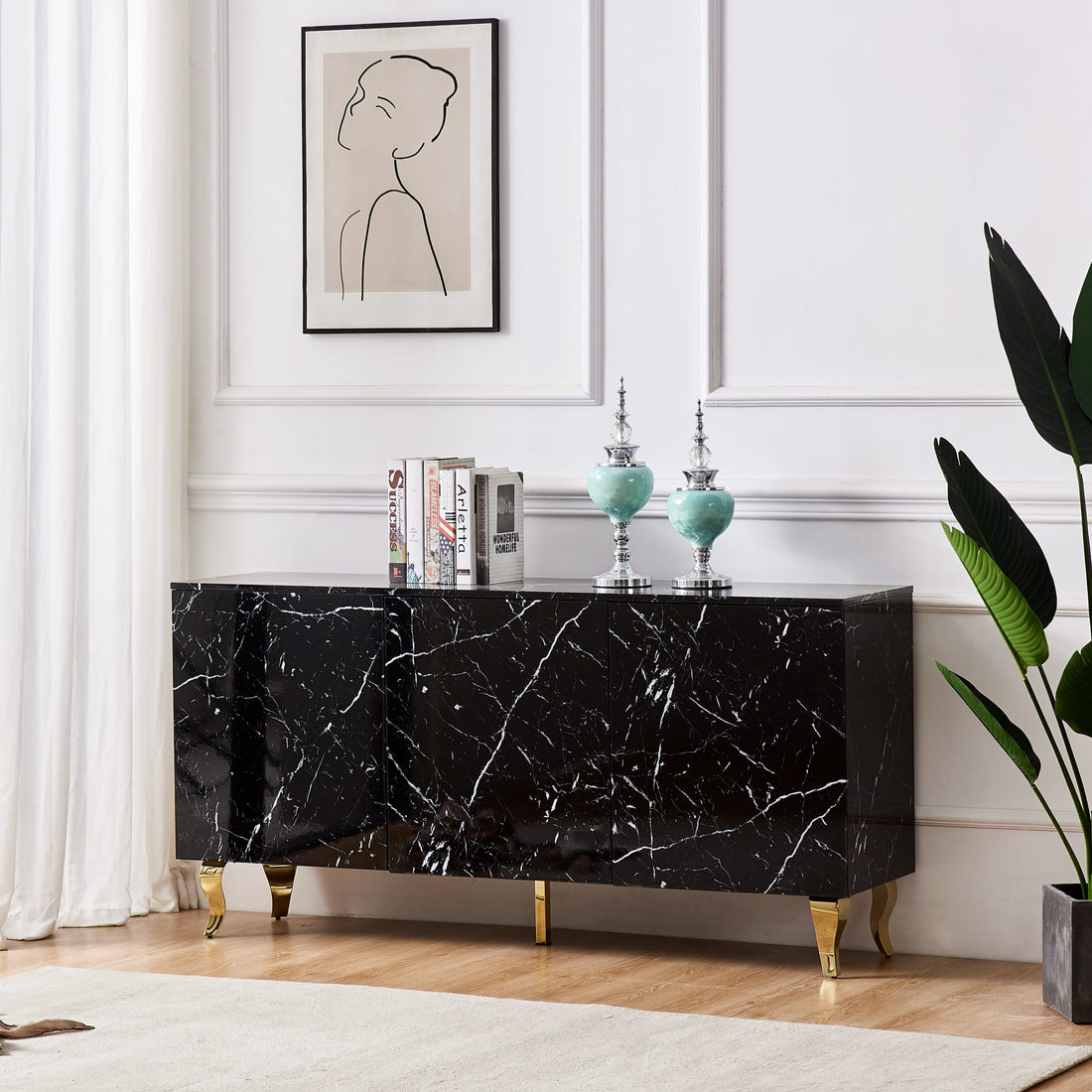 BUFFET BAROQUE LAQUE MARBRE NOIR 3 PORTES 160X40X80 CM PIEDS GO