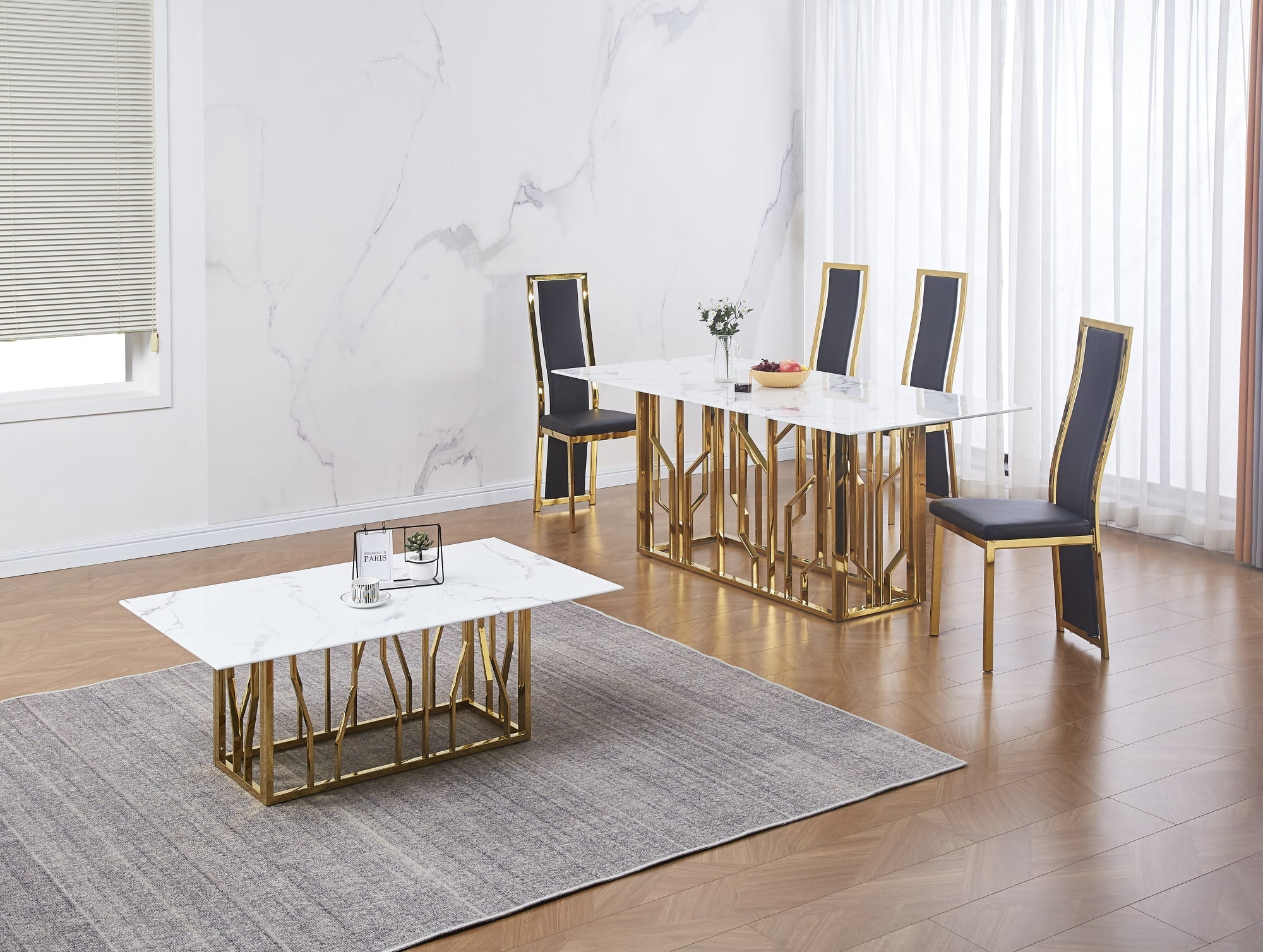 TABLE REPAS PORTOFINO GOLD MARBRE BLANC 180 x 90 CM